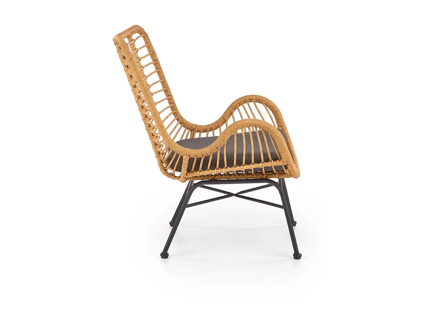 Tumbona de ratán sintético con cojín gris y estructura de acero negro Carnac