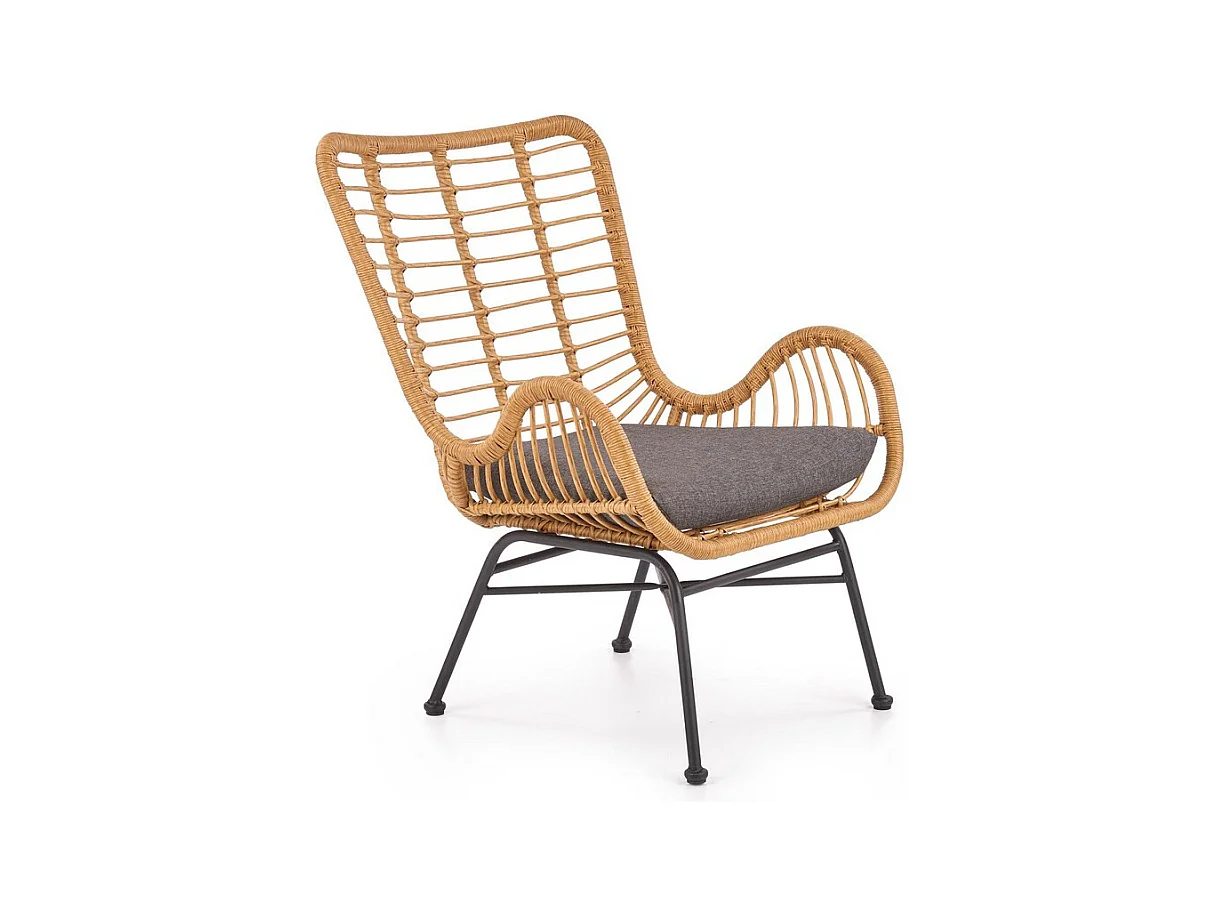 Fauteuil lounge en rotin synthétique avec coussin gris et structure en acier noir Carnac