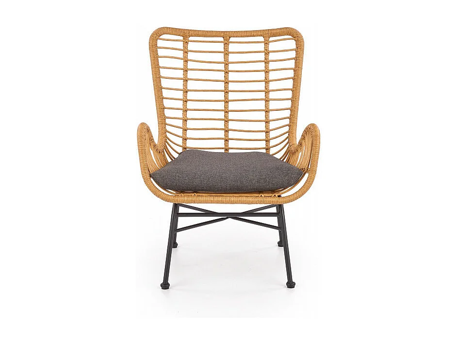 Tumbona de ratán sintético con cojín gris y estructura de acero negro Carnac