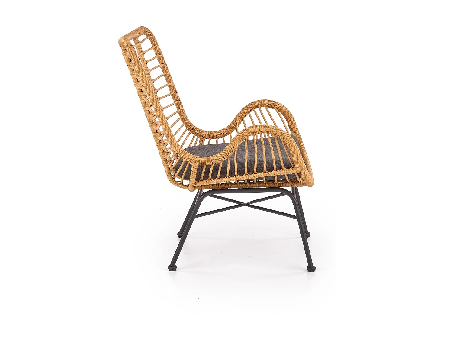 Fauteuil lounge en rotin synthétique avec coussin gris et structure en acier noir Carnac