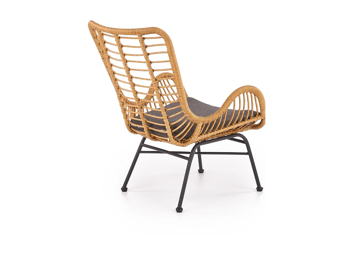 Fauteuil lounge en rotin synthétique avec coussin gris et structure en acier noir Carnac