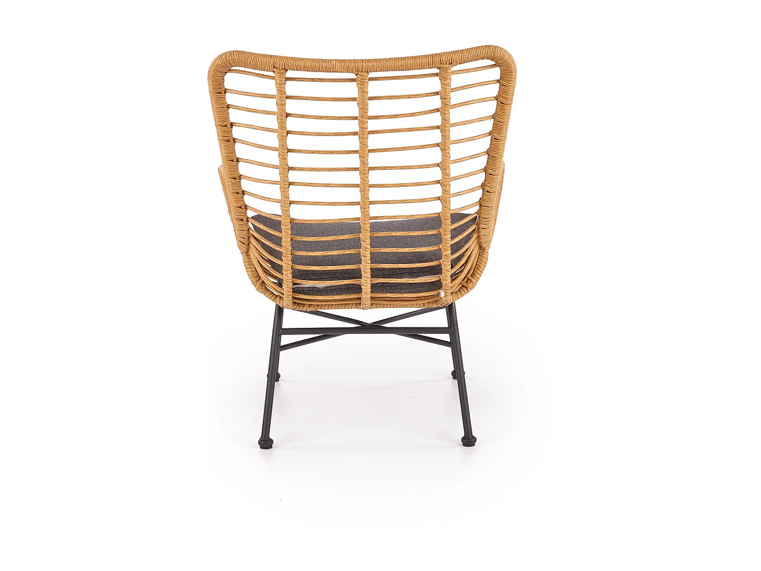 Fauteuil lounge en rotin synthétique avec coussin gris et structure en acier noir Carnac