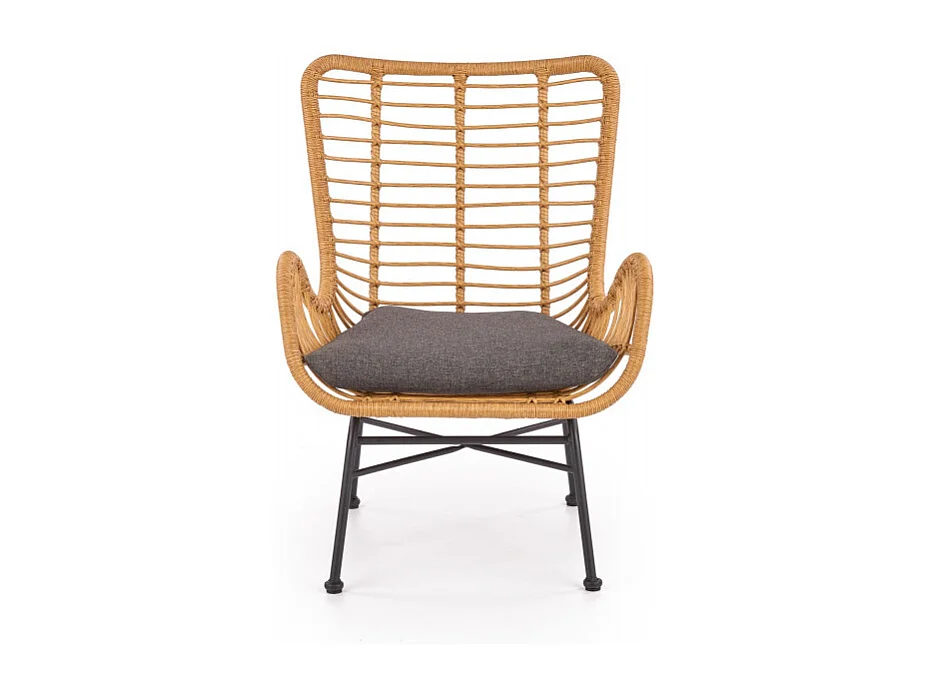 Fauteuil lounge en rotin synthétique avec coussin gris et structure en acier noir Carnac