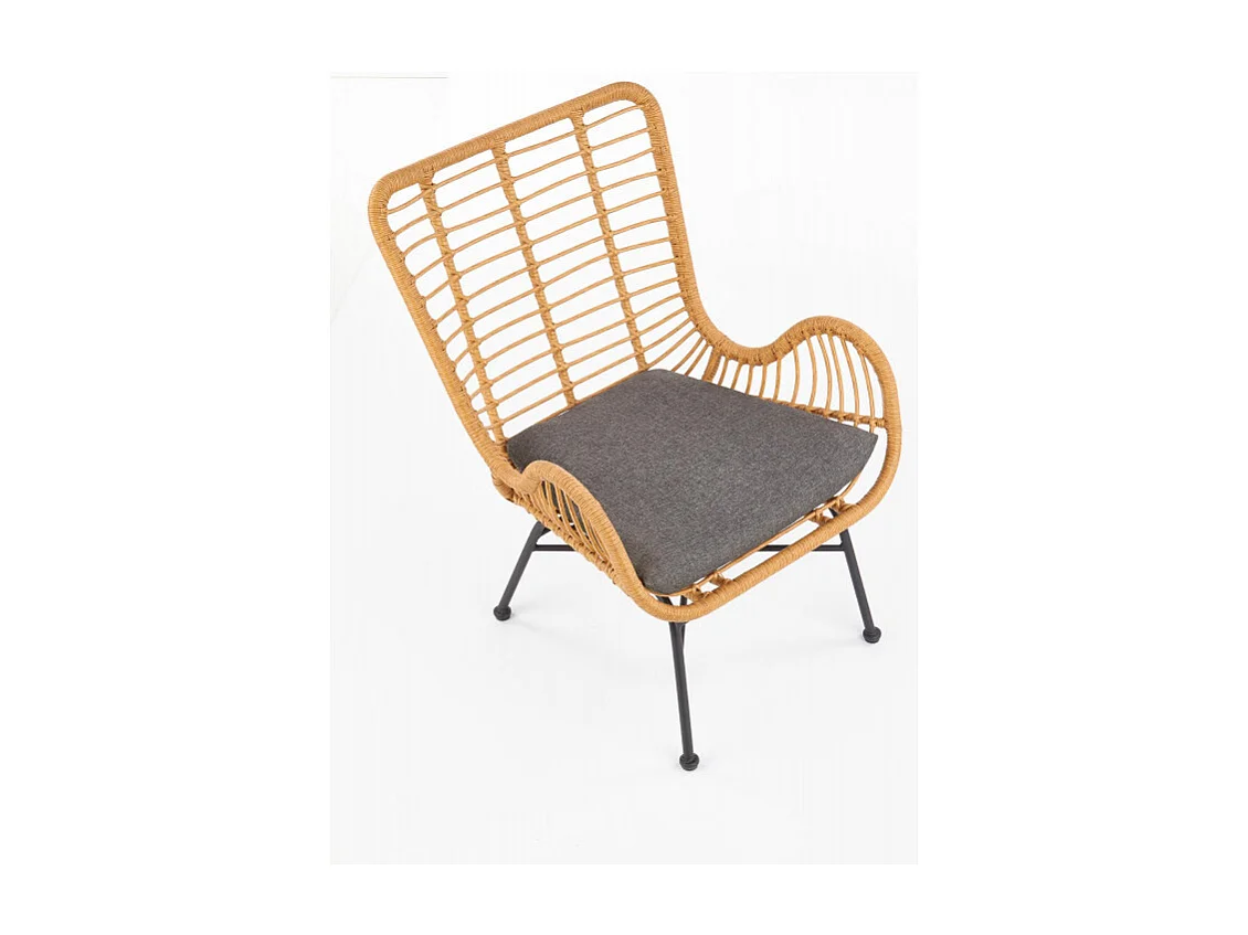 Fauteuil lounge en rotin synthétique avec coussin gris et structure en acier noir Carnac