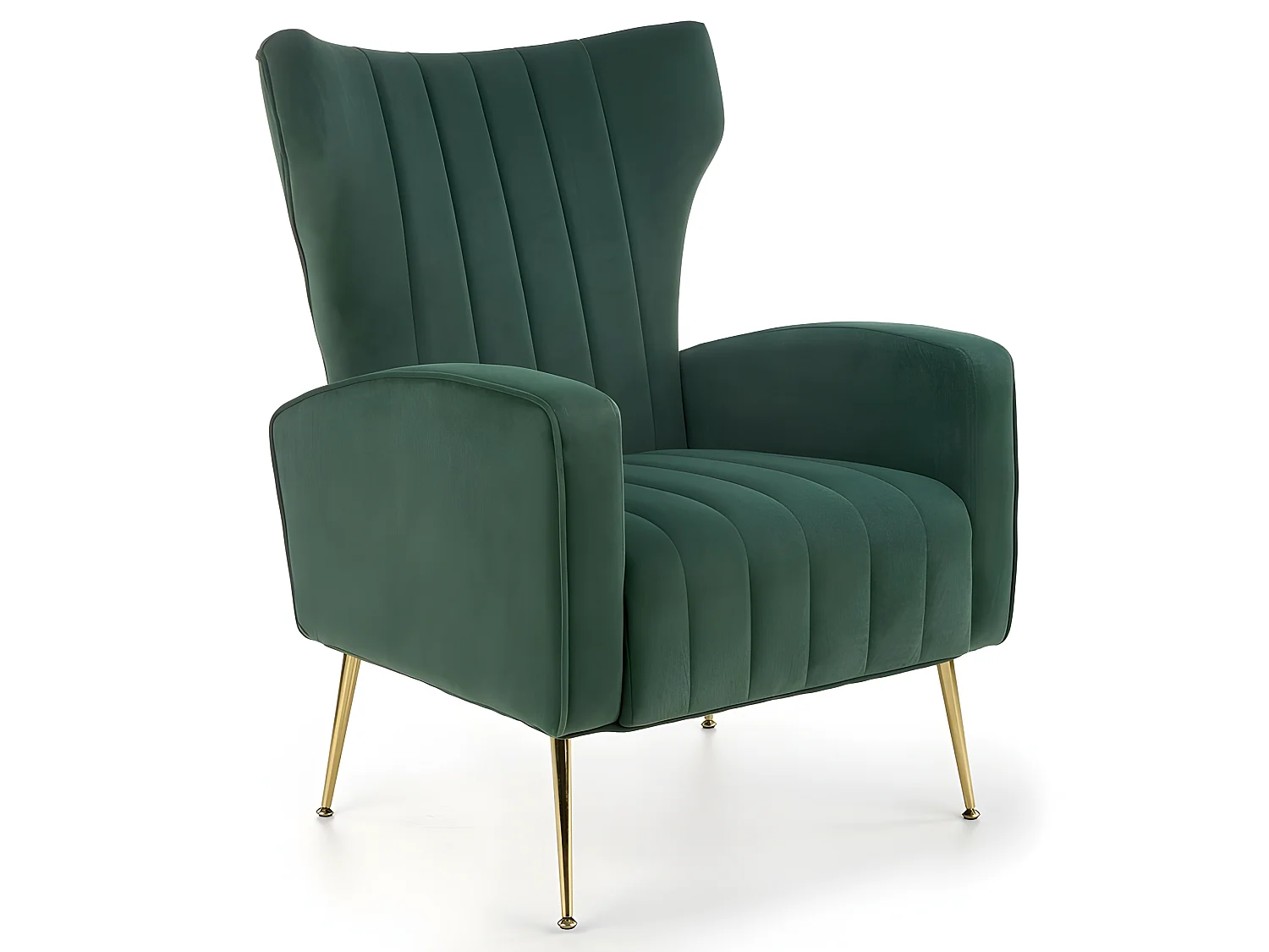 Fauteuil lounge vert avec accoudoirs et pieds dorés en métal AENOR