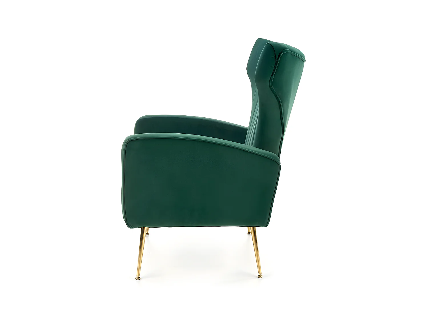 Fauteuil lounge vert avec accoudoirs et pieds dorés en métal AENOR