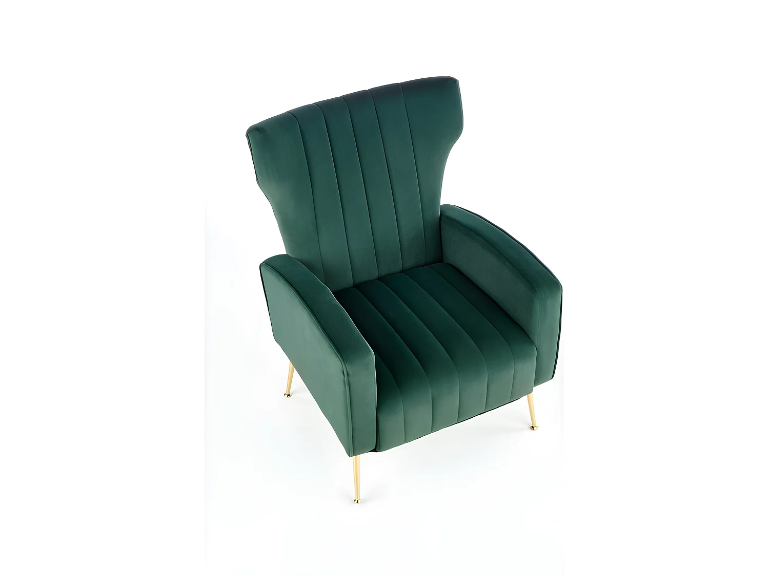 Fauteuil lounge vert avec accoudoirs et pieds dorés en métal AENOR