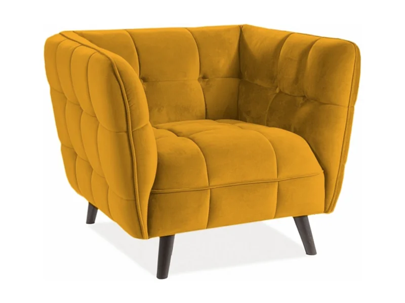 Fauteuil design carré velours jaune curry capitonné Compi