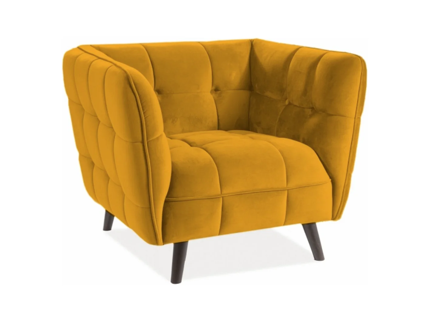 Fauteuil design carré velours jaune curry capitonné Compi
