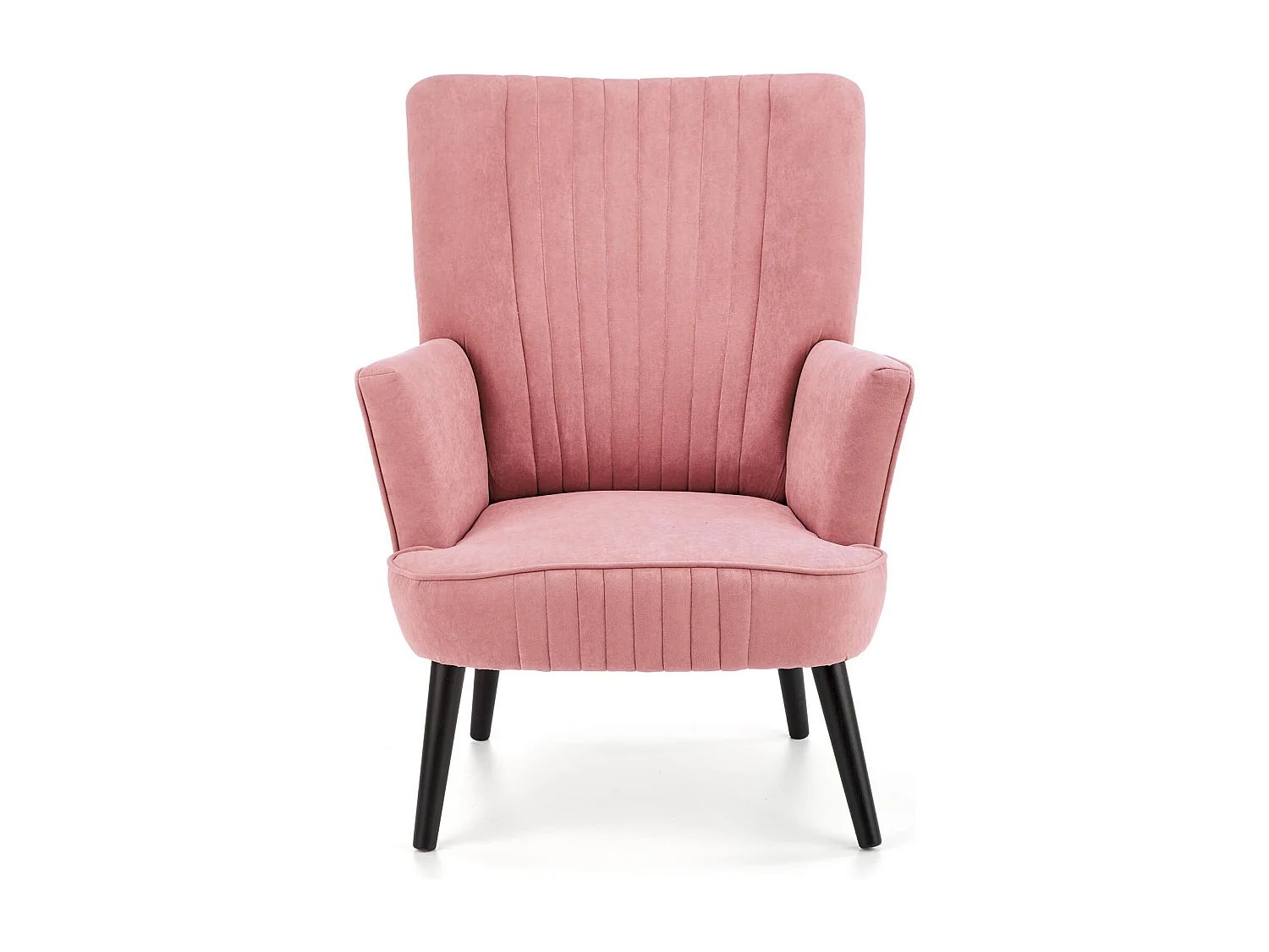 Poltrona contemporanea in velluto rosa con schienale alto e gambe in legno massiccio nero CYRUS