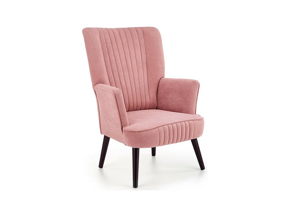 Fauteuil contemporain en velours rose avec haut dossier et pieds noirs en bois massif CYRUS