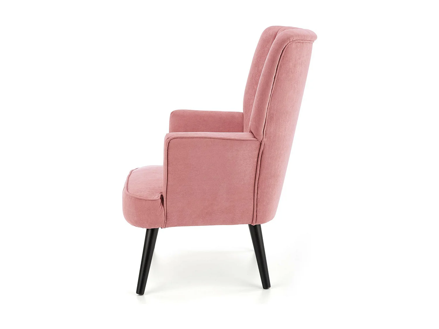 Fauteuil contemporain en velours rose avec haut dossier et pieds noirs en bois massif CYRUS