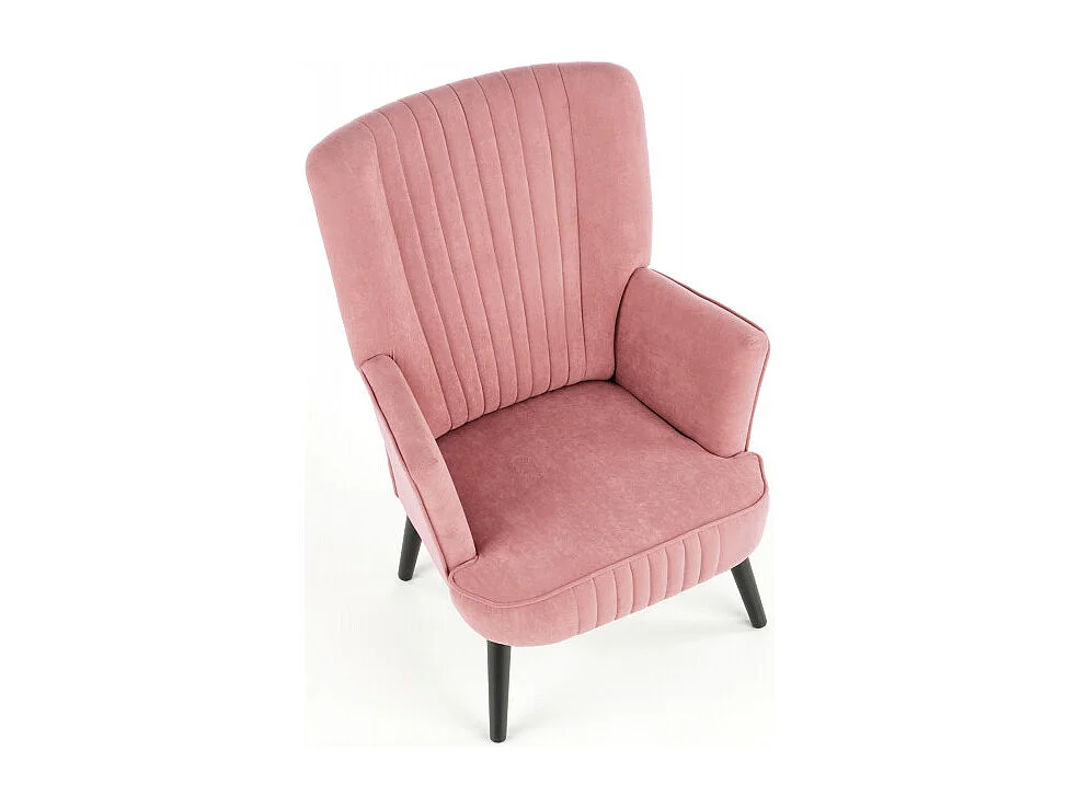 Fauteuil contemporain en velours rose avec haut dossier et pieds noirs en bois massif CYRUS
