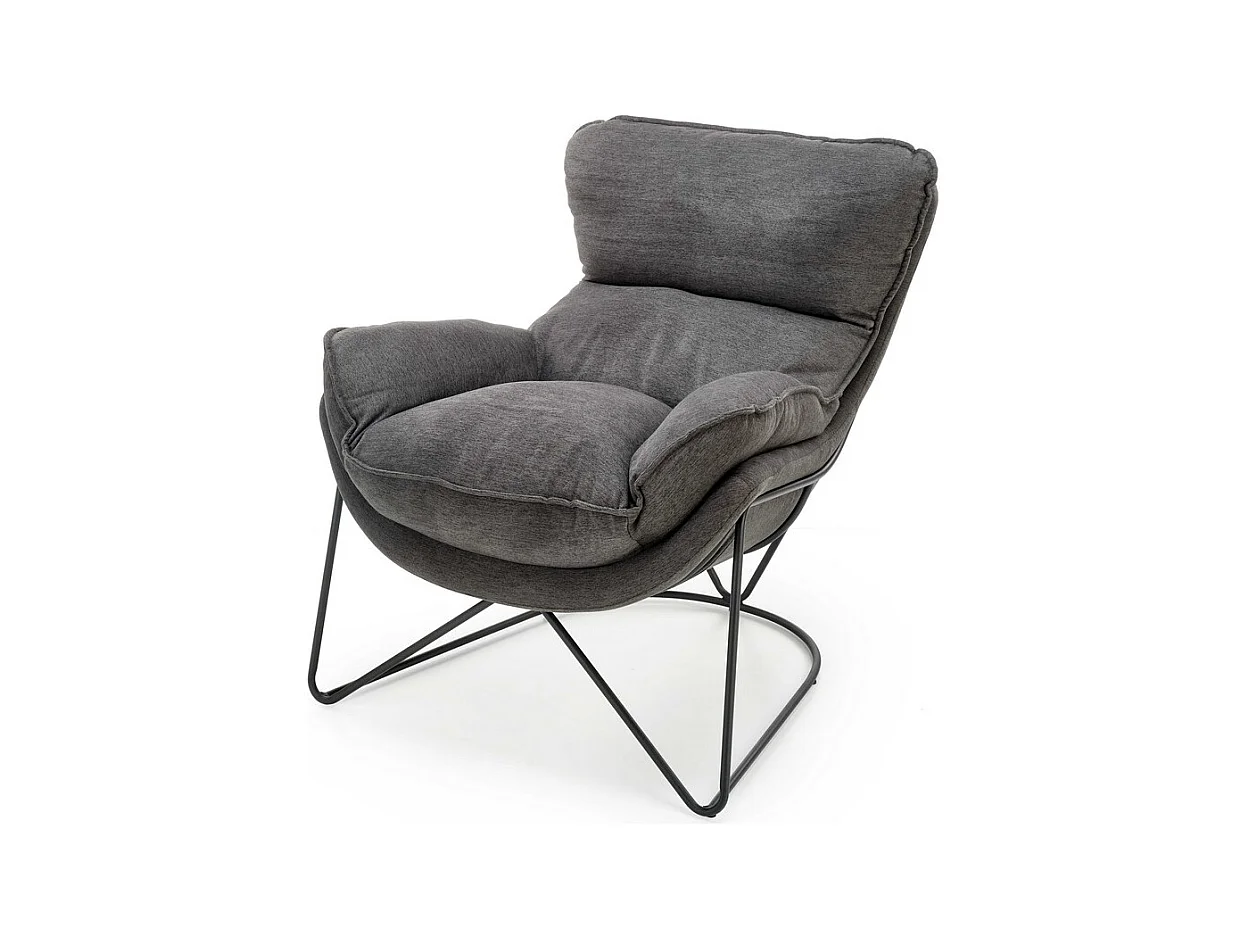 Fauteuil lounge en tissu gris avec piètement en métal noir GREGOR