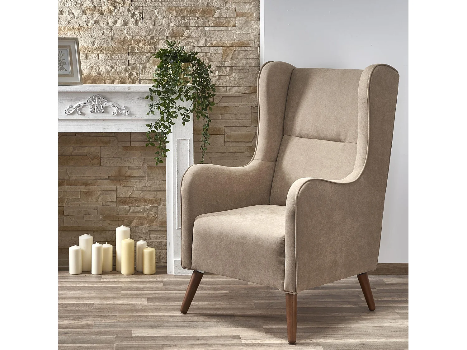 Fauteuil en tissu beige avec pieds en bois massif SPRING