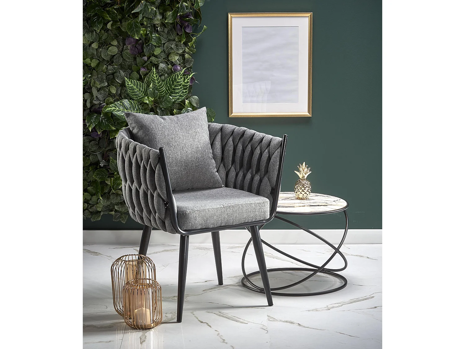 Poltrona di design rivestita in tessuto grigio con gambe in metallo nero LAUSANNE