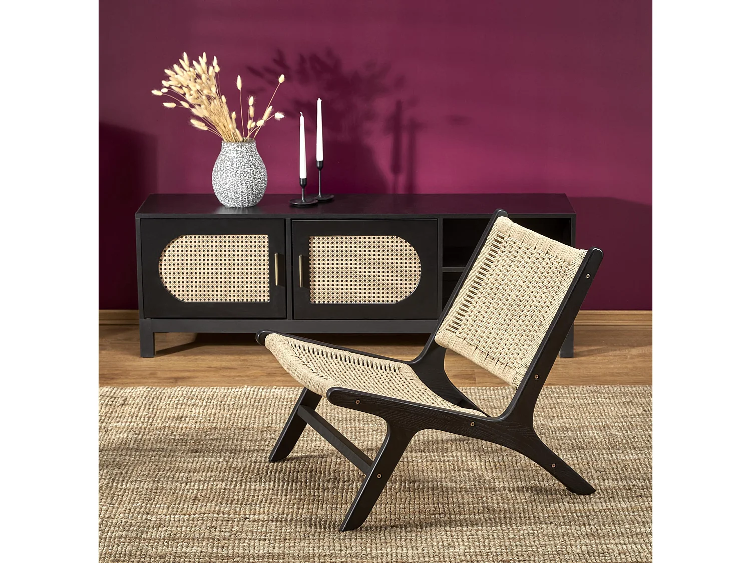 Tumbona de cuerda con estructura de madera maciza Return negra