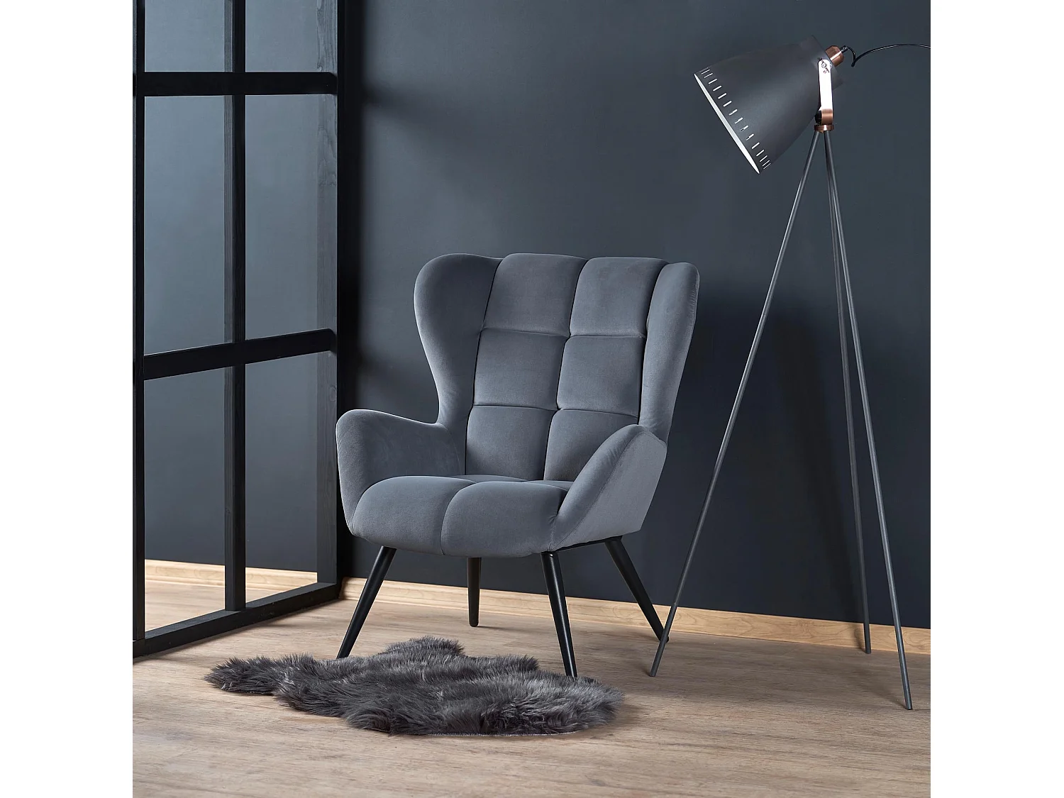 Fauteuil contemporain en velours gris avec pieds noirs en métal Glasgow