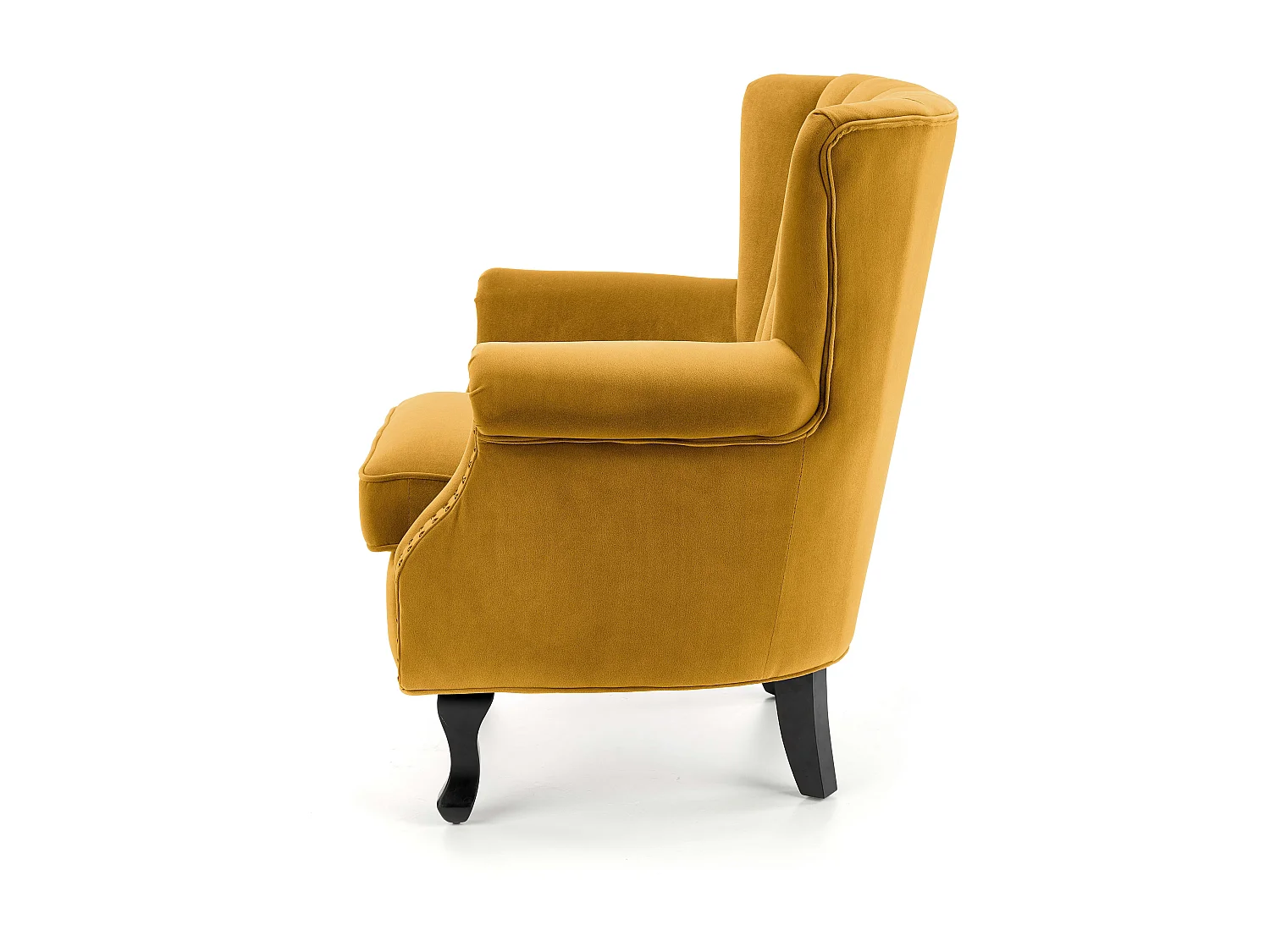 Fauteuil en velours jaune avec accoudoirs cloutés et pieds en bois massif MEDICIS