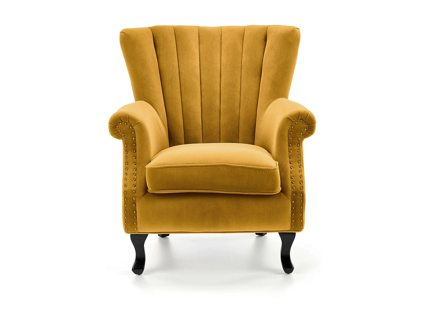 Fauteuil en velours jaune avec accoudoirs cloutés et pieds en bois massif MEDICIS