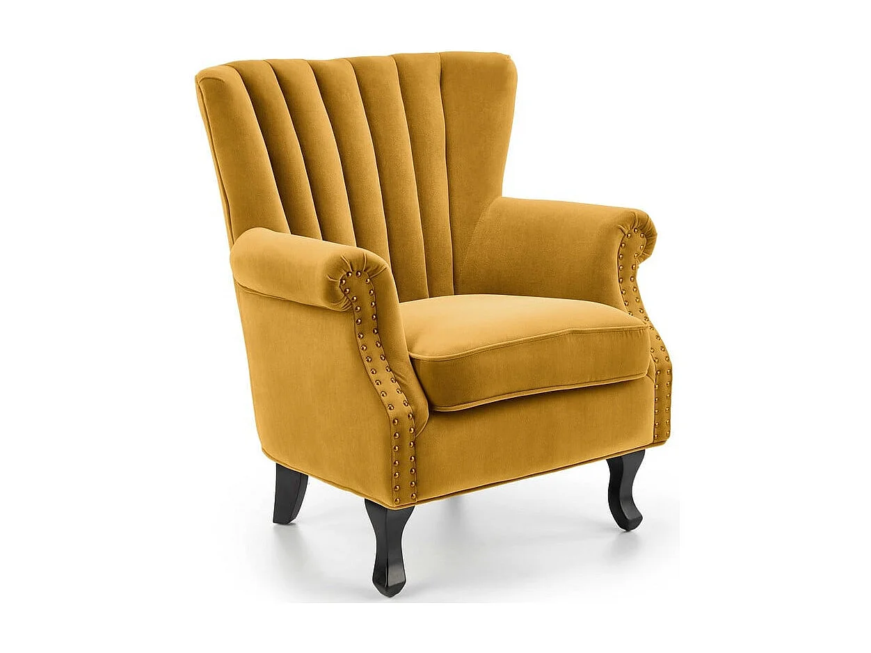 Fauteuil en velours jaune avec accoudoirs cloutés et pieds en bois massif MEDICIS