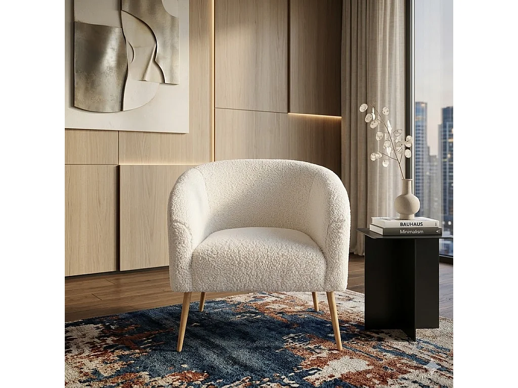 Fauteuil en tissu bouclé avec pieds en bois massif ARMELLE 2