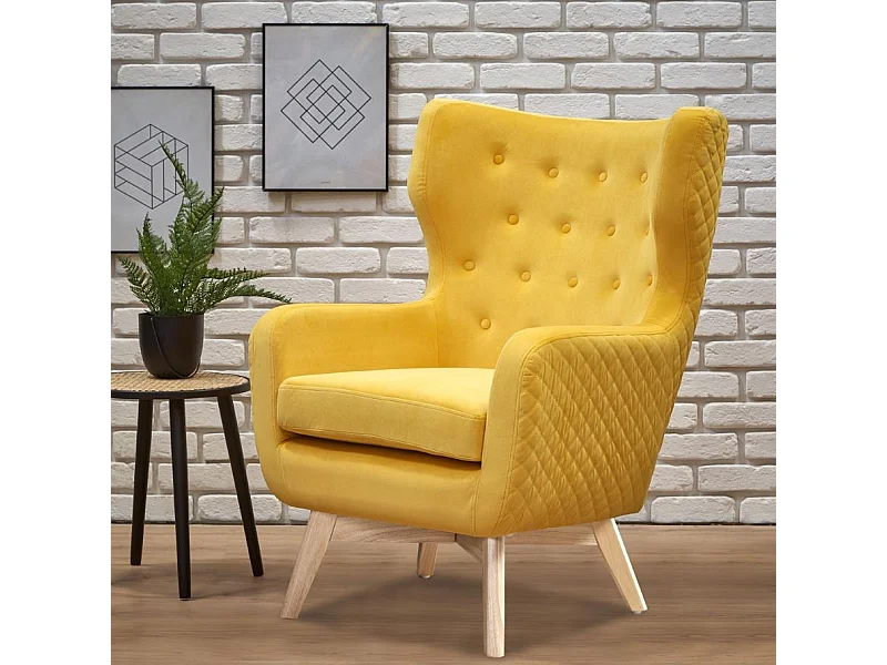 Sillón de terciopelo amarillo con respaldo alto y patas de madera maciza negra Sussex
