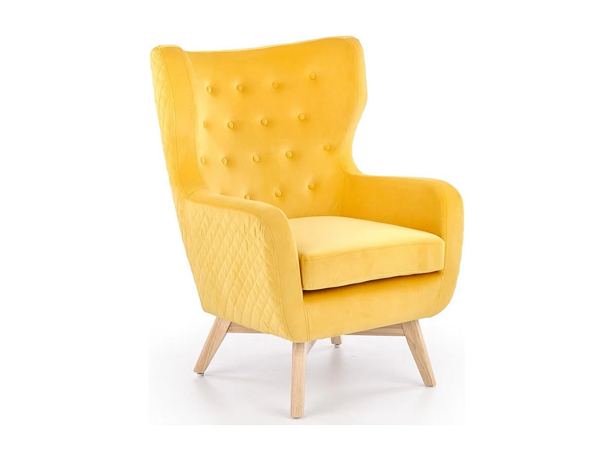 Sillón de terciopelo amarillo con respaldo alto y patas de madera maciza negra Sussex