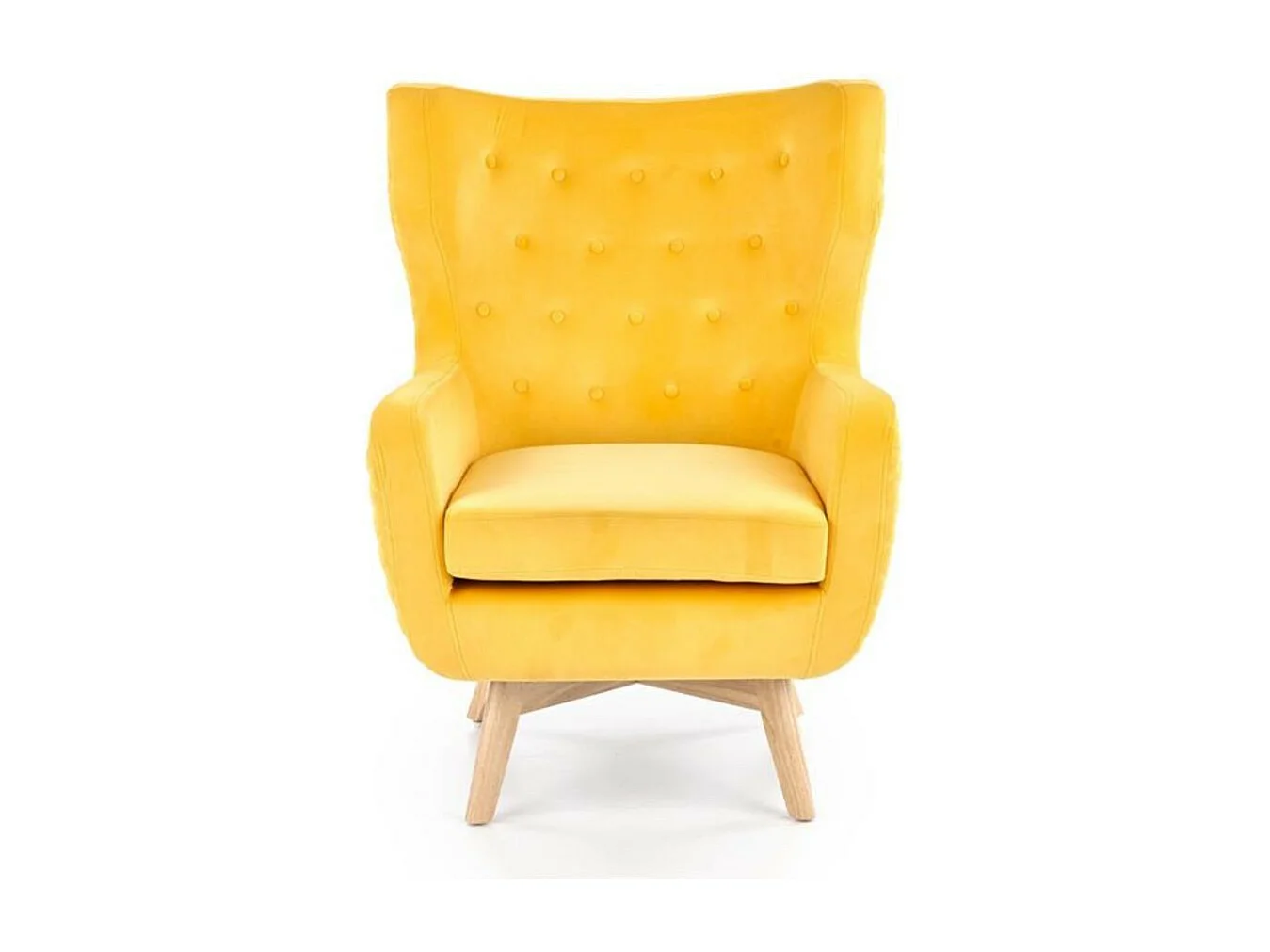 Sillón de terciopelo amarillo con respaldo alto y patas de madera maciza negra Sussex