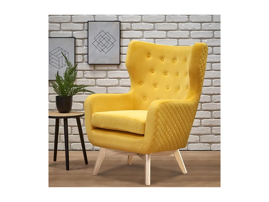 Fauteuil en velours jaune avec dossier haut et pieds noirs en bois massif Sussex