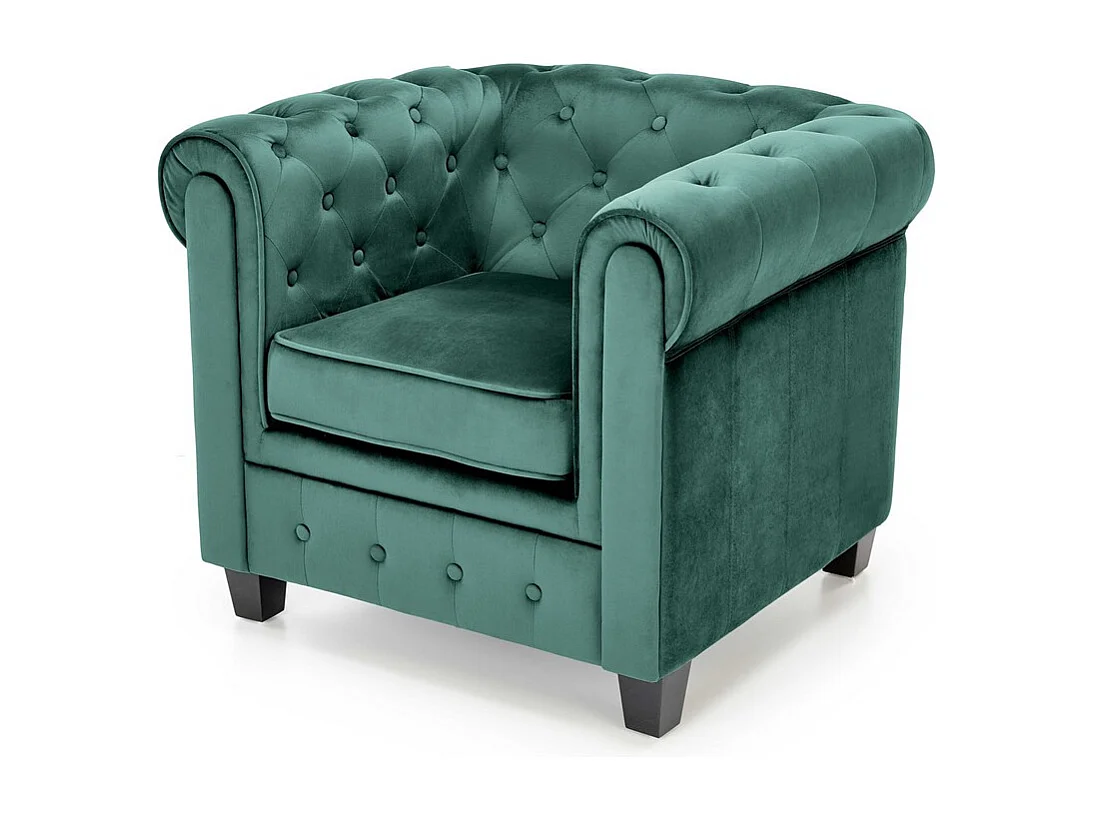 Fauteuil capitonné en velours vert avec pieds noirs en bois MURIEL