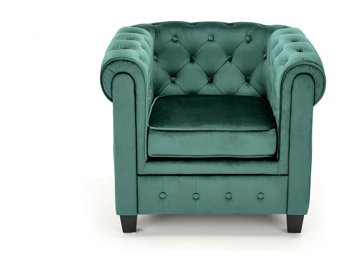 Fauteuil capitonné en velours vert avec pieds noirs en bois MURIEL