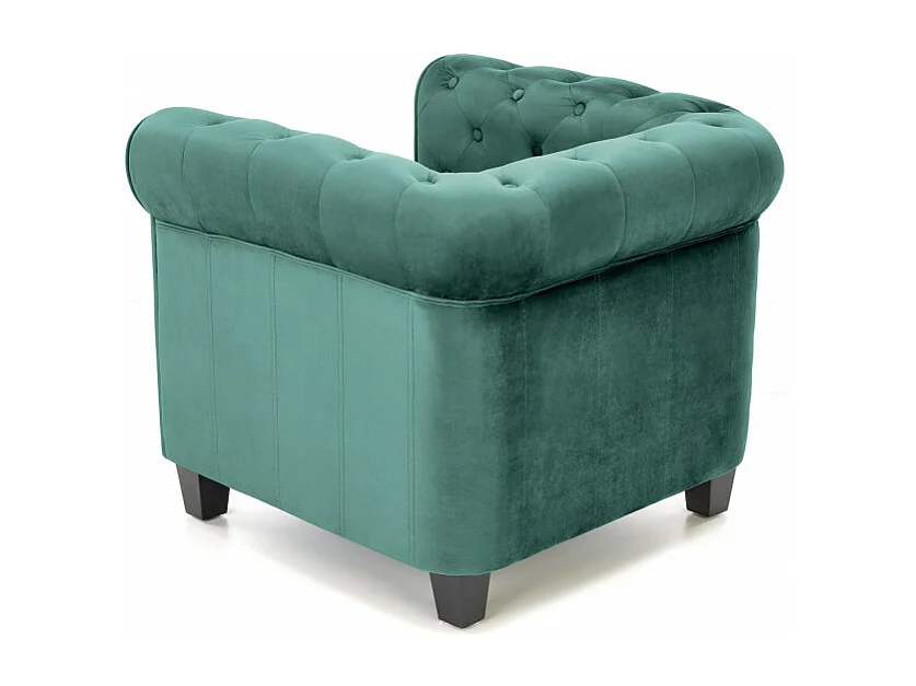 Fauteuil capitonné en velours vert avec pieds noirs en bois MURIEL