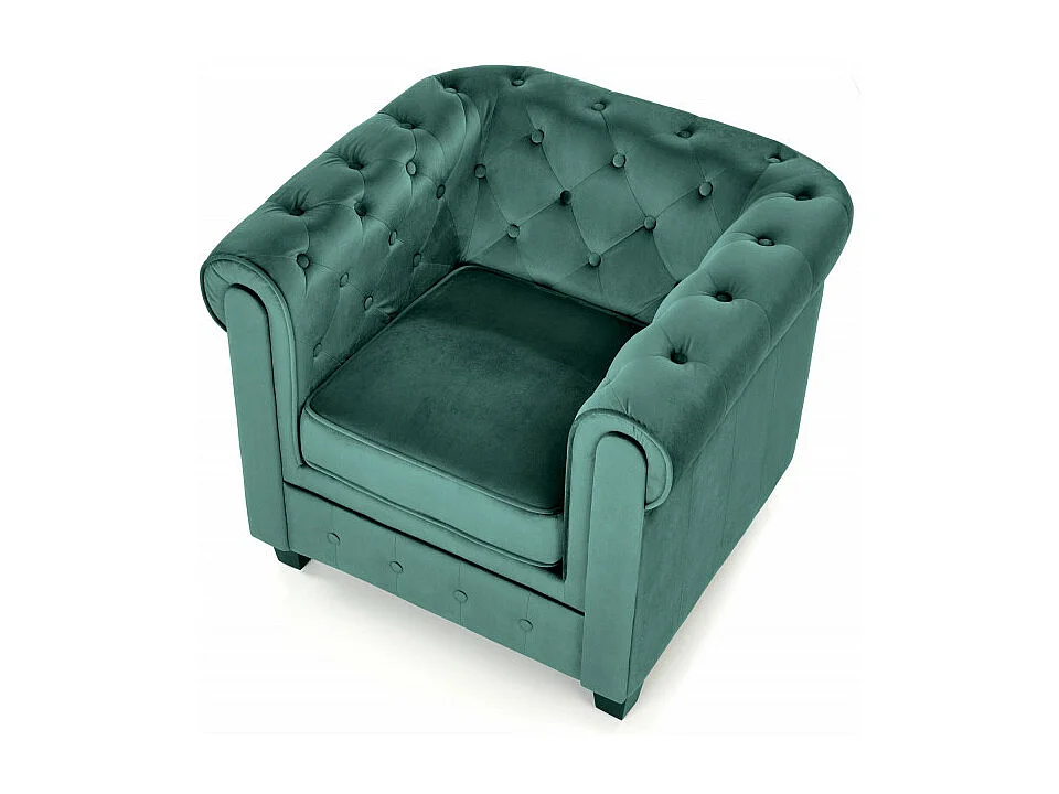 Fauteuil capitonné en velours vert avec pieds noirs en bois MURIEL