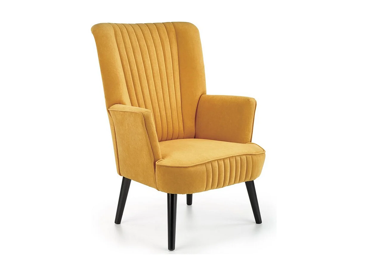 Sillón contemporáneo de terciopelo amarillo mostaza con respaldo alto y patas de madera maciza negra CYRUS