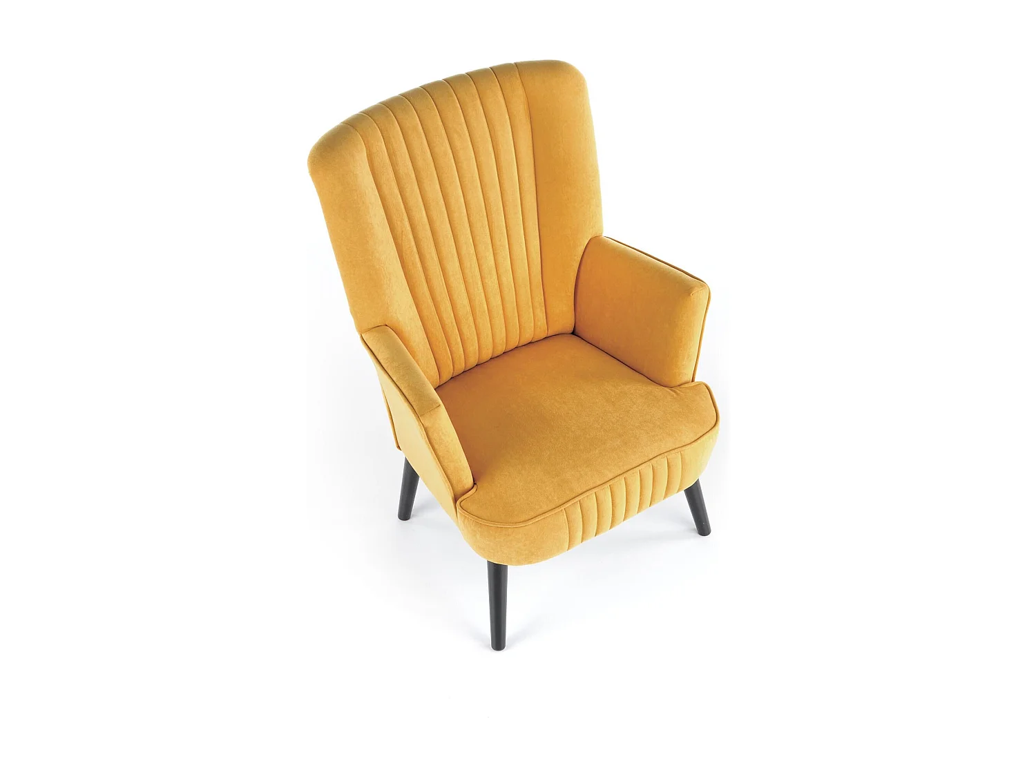Sillón contemporáneo de terciopelo amarillo mostaza con respaldo alto y patas de madera maciza negra CYRUS