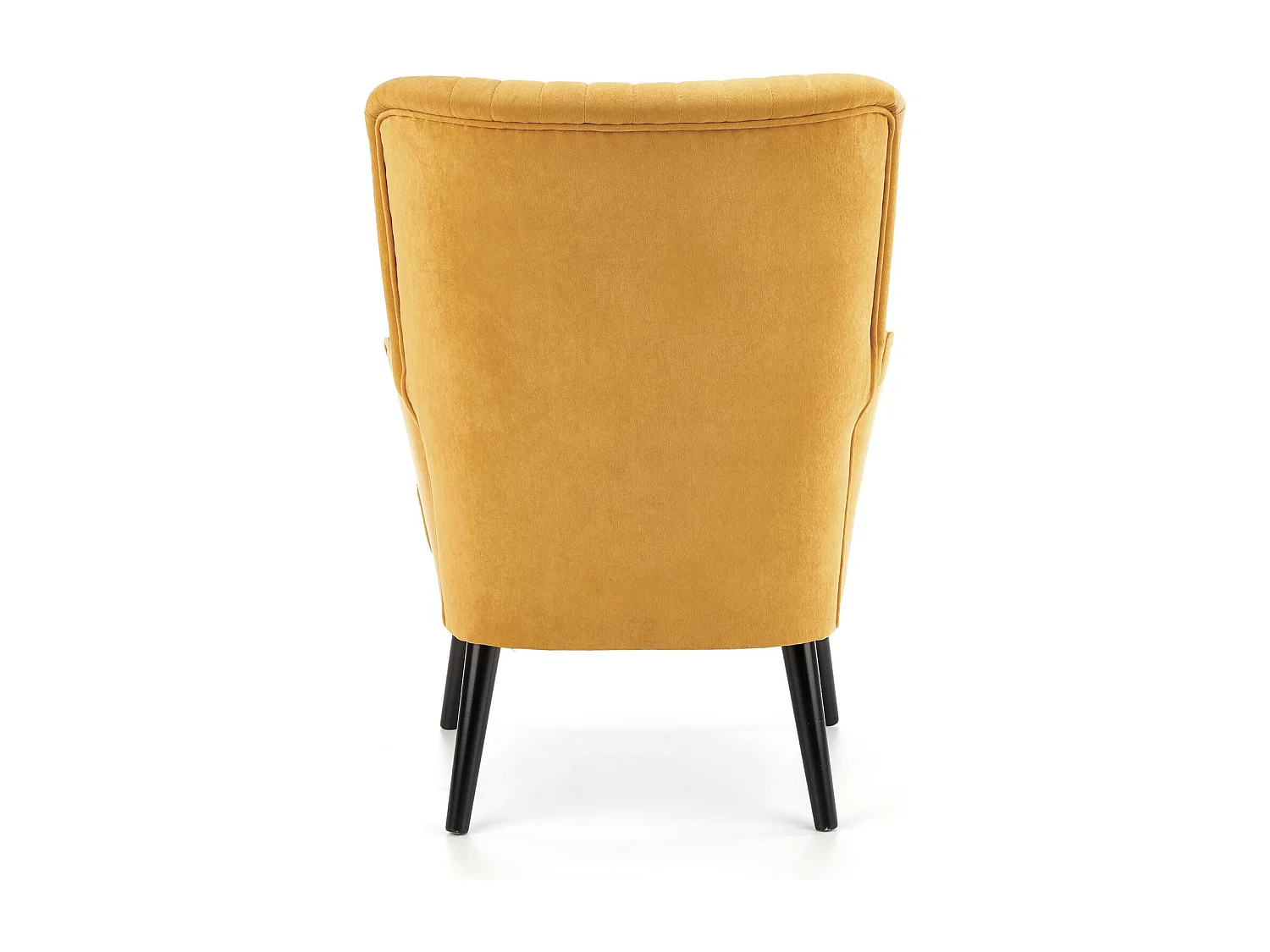 Sillón contemporáneo de terciopelo amarillo mostaza con respaldo alto y patas de madera maciza negra CYRUS