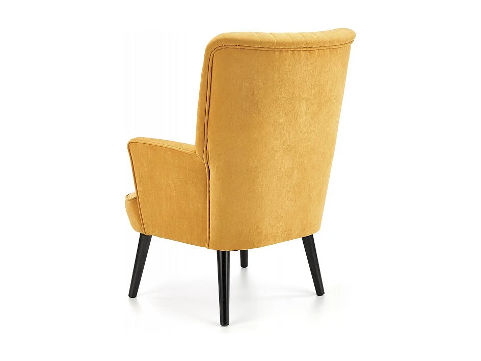 Sillón contemporáneo de terciopelo amarillo mostaza con respaldo alto y patas de madera maciza negra CYRUS