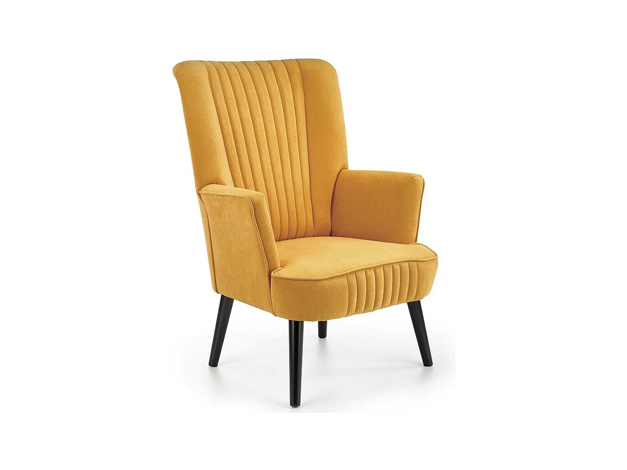 Fauteuil contemporain en velours jaune moutarde avec haut dossier et pieds noirs en bois massif CYRUS