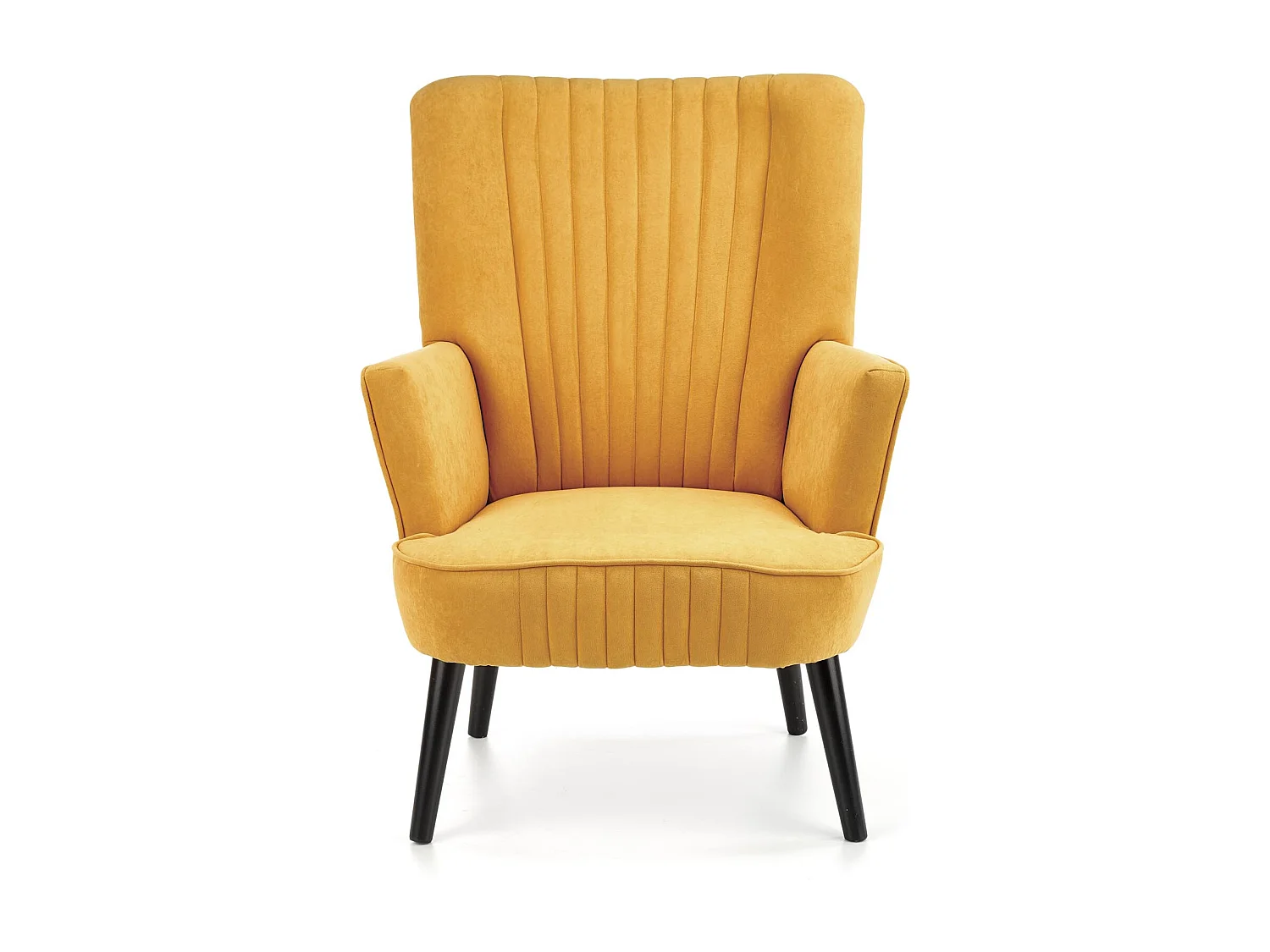Fauteuil contemporain en velours jaune moutarde avec haut dossier et pieds noirs en bois massif CYRUS