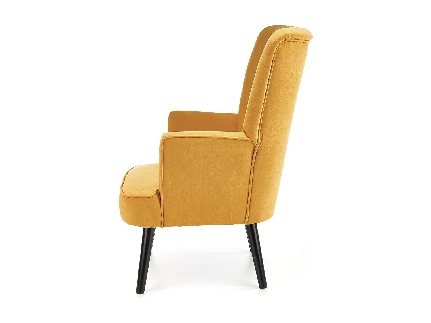 Fauteuil contemporain en velours jaune moutarde avec haut dossier et pieds noirs en bois massif CYRUS