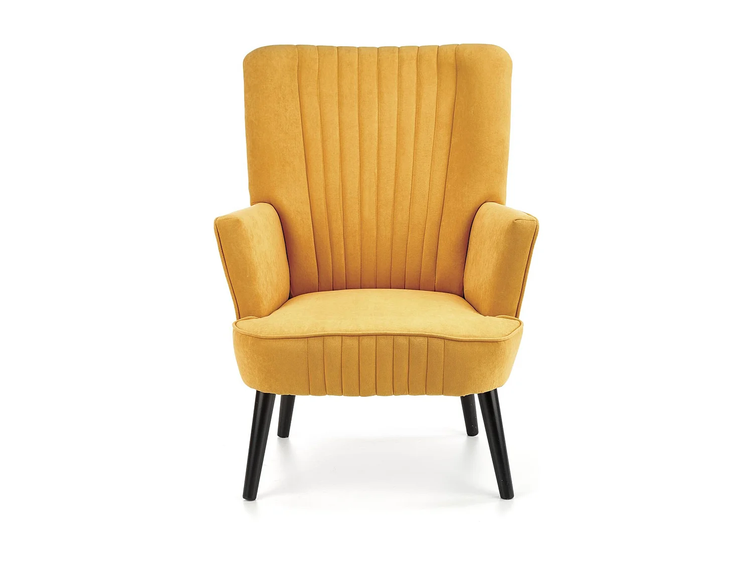 Fauteuil contemporain en velours jaune moutarde avec haut dossier et pieds noirs en bois massif CYRUS