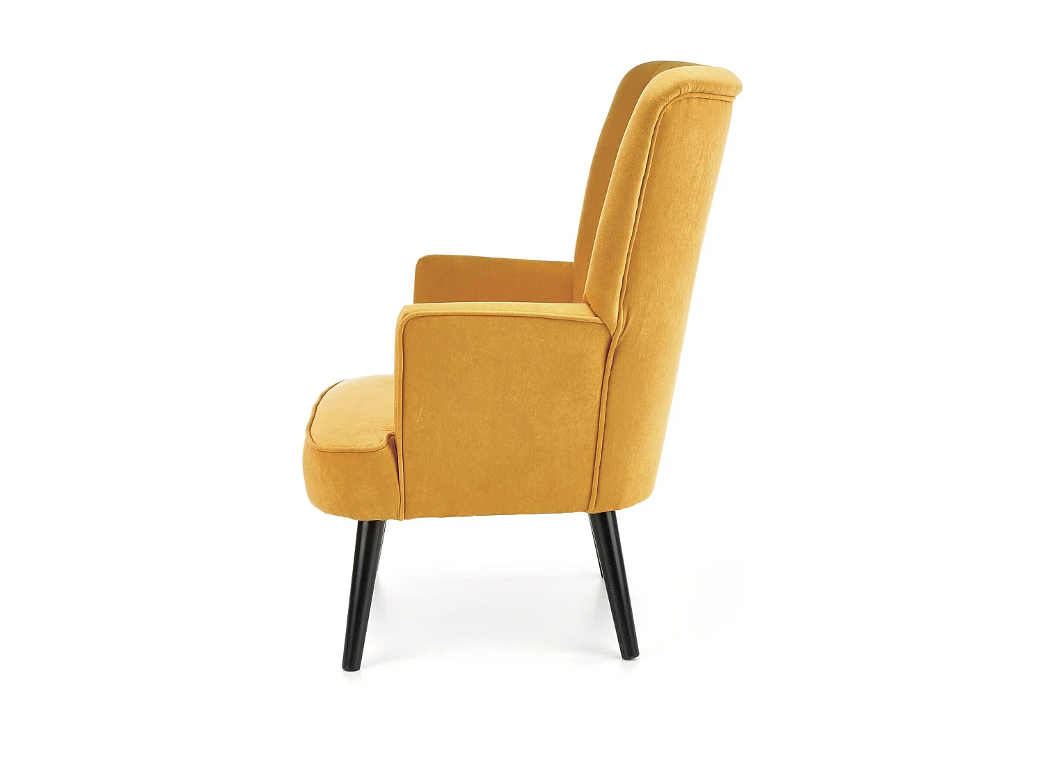 Fauteuil contemporain en velours jaune moutarde avec haut dossier et pieds noirs en bois massif CYRUS