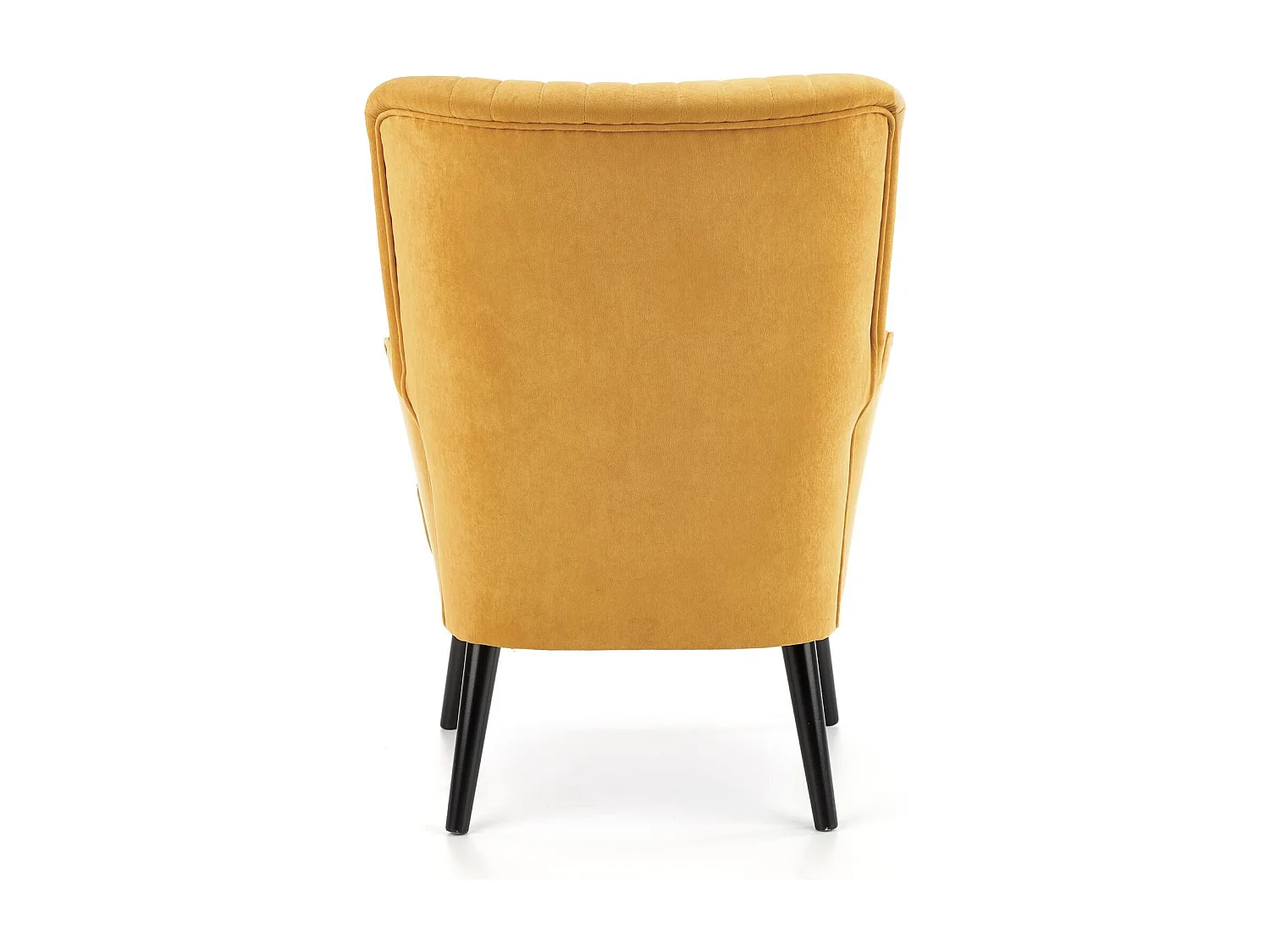 Fauteuil contemporain en velours jaune moutarde avec haut dossier et pieds noirs en bois massif CYRUS