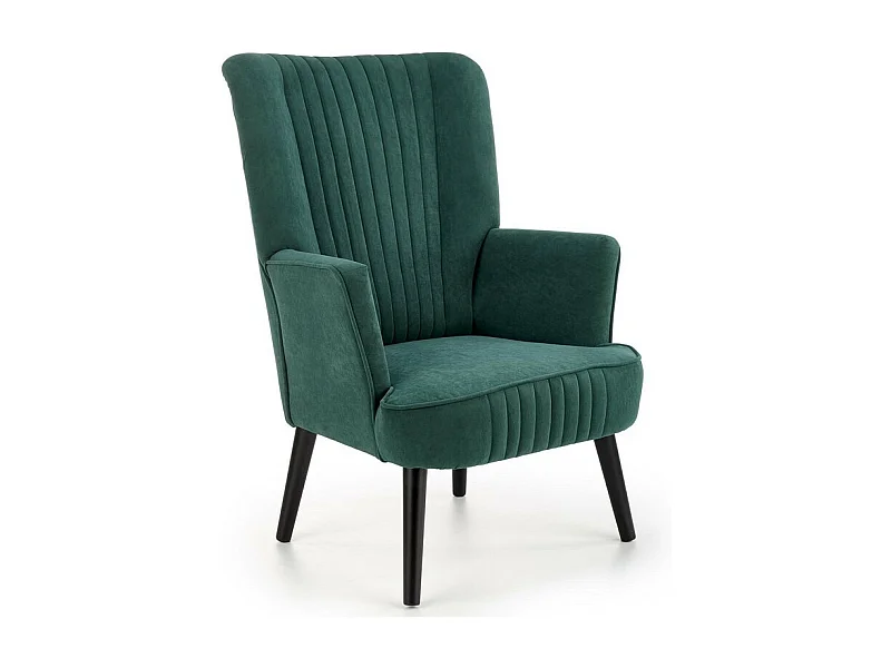 Sillón contemporáneo de terciopelo verde con respaldo alto y patas de madera maciza negra CYRUS