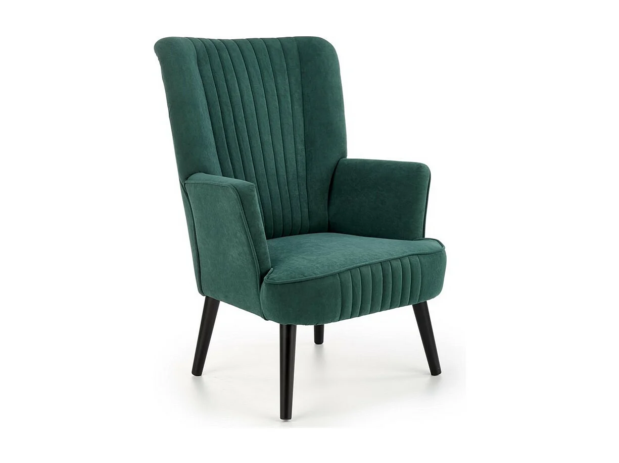 Sillón contemporáneo de terciopelo verde con respaldo alto y patas de madera maciza negra CYRUS