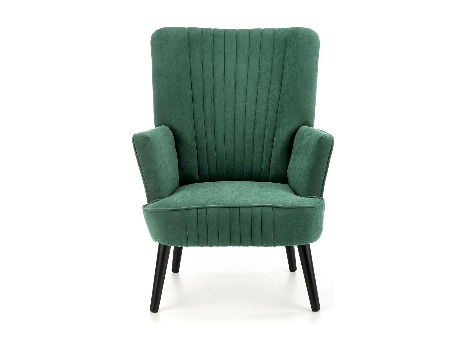 Sillón contemporáneo de terciopelo verde con respaldo alto y patas de madera maciza negra CYRUS