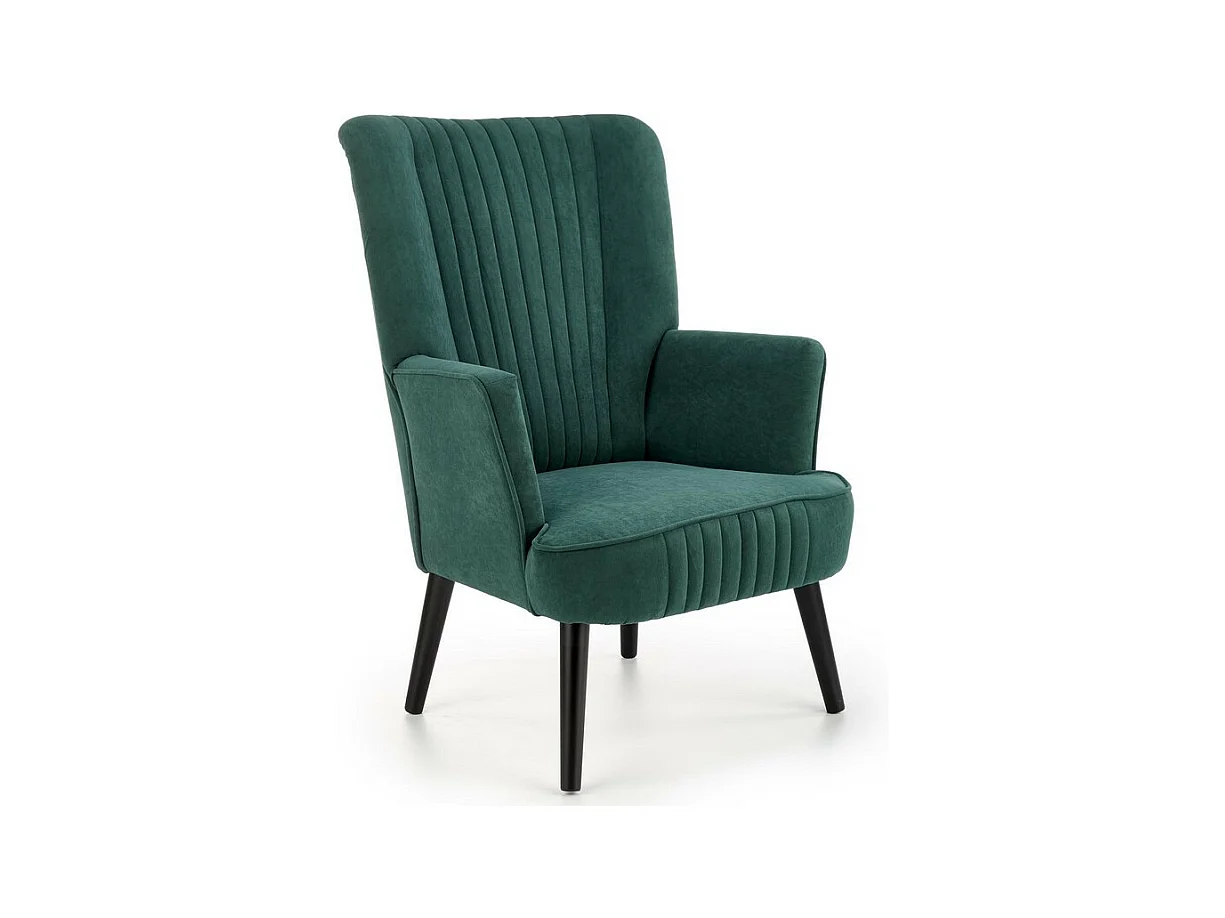 Fauteuil contemporain en velours vert avec haut dossier et pieds noirs en bois massif CYRUS