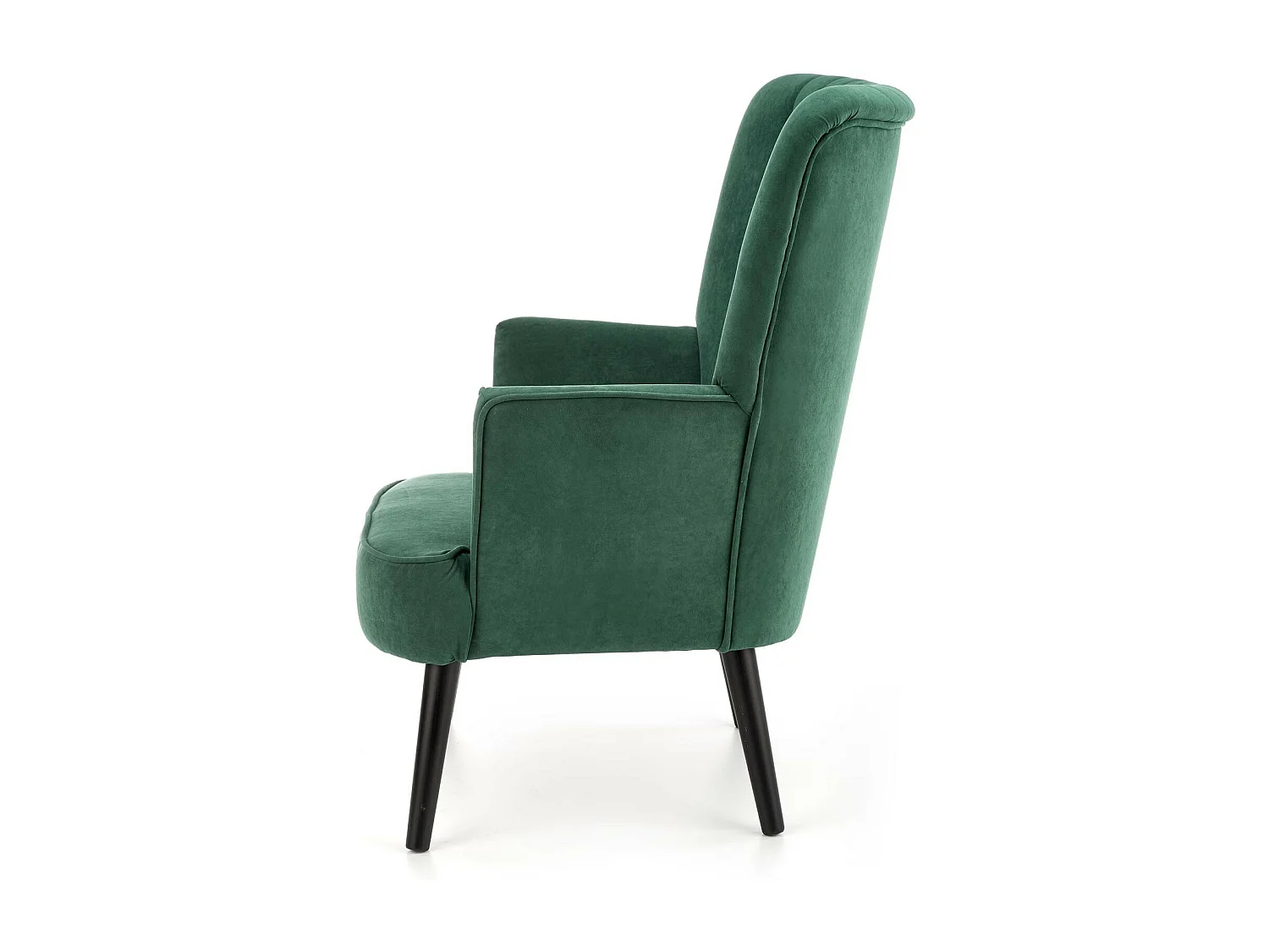 Fauteuil contemporain en velours vert avec haut dossier et pieds noirs en bois massif CYRUS