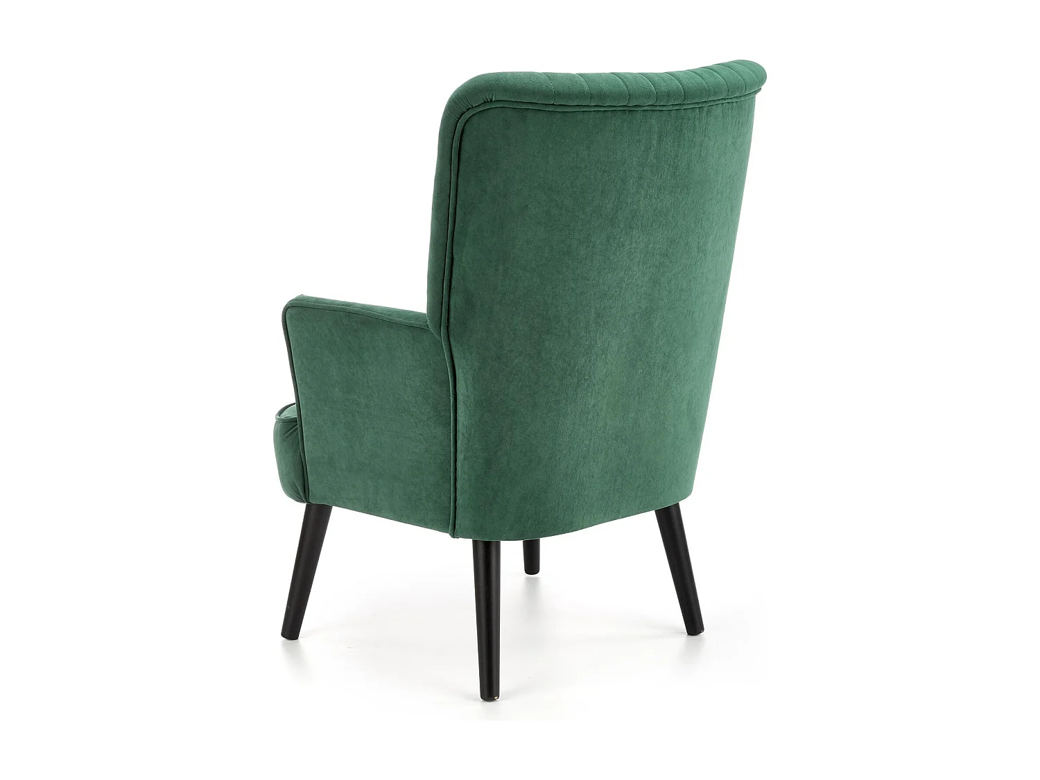 Fauteuil contemporain en velours vert avec haut dossier et pieds noirs en bois massif CYRUS